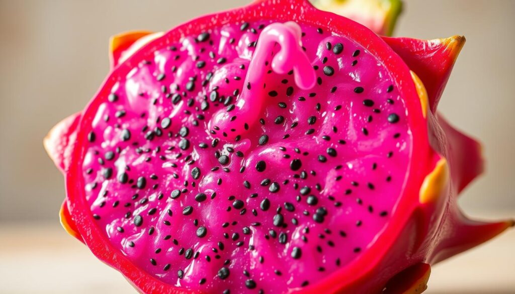 Detailed, high-resolution close-up image of a dragon fruit (pitaya), also known as the "dragon's eye" or "smoczy owoc" in Polish. The exotic fruit is showcased against a soft, out-of-focus background, capturing its vibrant fuchsia skin, distinctive scales, and luscious pink flesh oozing with tiny black seeds. Warm, natural lighting accentuates the fruit's translucent, almost ethereal quality, conveying its refreshing and nutritious properties. The composition emphasizes the dragon fruit's intriguing texture and mesmerizing color palette, inviting the viewer to explore its unique health benefits. Detailed, high-resolution close-up image of a dragon fruit (pitaya), also known as the "dragon's eye" or "smoczy owoc" in Polish. The exotic fruit is showcased against a soft, out-of-focus background, capturing its vibrant fuchsia skin, distinctive scales, and luscious pink flesh oozing with tiny black seeds. Warm, natural lighting accentuates the fruit's translucent, almost ethereal quality, conveying its refreshing and nutritious properties. The composition emphasizes the dragon fruit's intriguing texture and mesmerizing color palette, inviting the viewer to explore its unique health benefits.