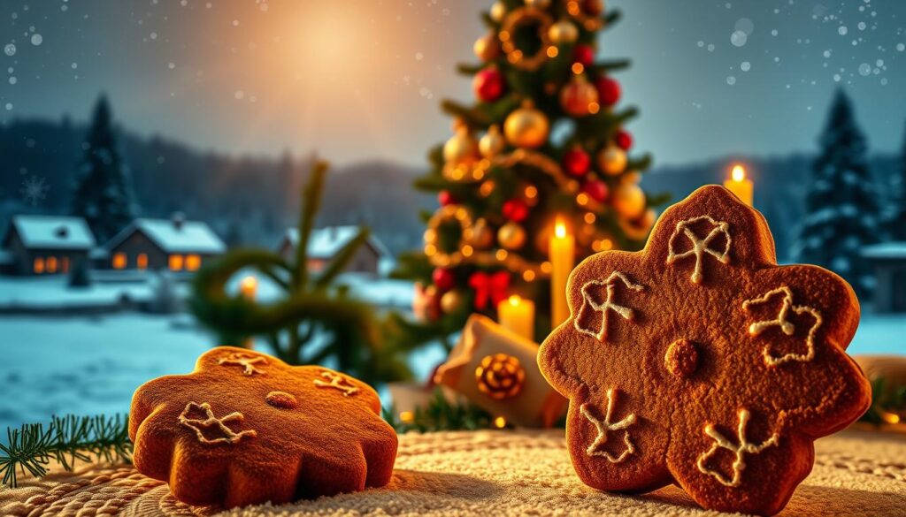Detailed image of a traditional Polish gingerbread cookie (piernik) set against a festive holiday background. The piernik is warm, freshly baked, with a rich, spiced aroma and a soft, slightly chewy texture. It is positioned in the foreground, illuminated by soft, golden lighting that casts a cozy, inviting glow. In the middle ground, a Christmas tree adorned with ornaments and twinkling lights stands tall, surrounded by evergreen garlands and candles. The background features a snowy outdoor scene, with a small village in the distance and a starry night sky overhead, creating a serene, winter wonderland atmosphere. The overall composition conveys the deep cultural significance and beloved tradition of the piernik in Polish holiday celebrations. Detailed image of a traditional Polish gingerbread cookie (piernik) set against a festive holiday background. The piernik is warm, freshly baked, with a rich, spiced aroma and a soft, slightly chewy texture. It is positioned in the foreground, illuminated by soft, golden lighting that casts a cozy, inviting glow. In the middle ground, a Christmas tree adorned with ornaments and twinkling lights stands tall, surrounded by evergreen garlands and candles. The background features a snowy outdoor scene, with a small village in the distance and a starry night sky overhead, creating a serene, winter wonderland atmosphere. The overall composition conveys the deep cultural significance and beloved tradition of the piernik in Polish holiday celebrations.