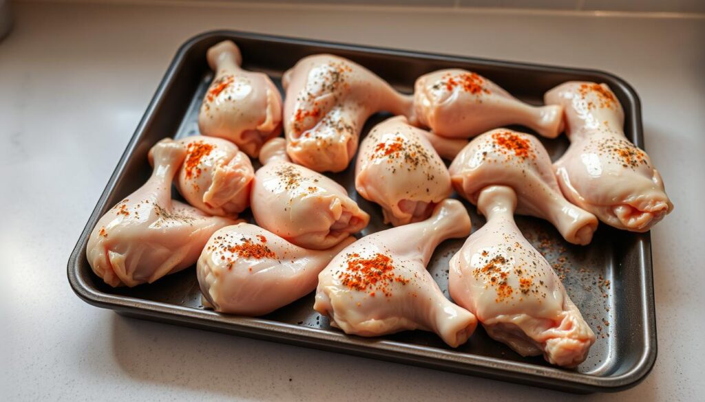 A baking tray filled with raw chicken drumsticks, seasoned with a blend of aromatic spices, including garlic, paprika, and black pepper. The drumsticks are arranged in a visually appealing pattern, showcasing their tender, juicy texture. Soft, diffused lighting illuminates the scene, casting gentle shadows that accentuate the drumsticks' contours. The background is a neutral, minimalist kitchen counter, allowing the focus to remain on the expertly prepared chicken. The overall composition conveys a sense of culinary expertise and mouthwatering anticipation. A baking tray filled with raw chicken drumsticks, seasoned with a blend of aromatic spices, including garlic, paprika, and black pepper. The drumsticks are arranged in a visually appealing pattern, showcasing their tender, juicy texture. Soft, diffused lighting illuminates the scene, casting gentle shadows that accentuate the drumsticks' contours. The background is a neutral, minimalist kitchen counter, allowing the focus to remain on the expertly prepared chicken. The overall composition conveys a sense of culinary expertise and mouthwatering anticipation.