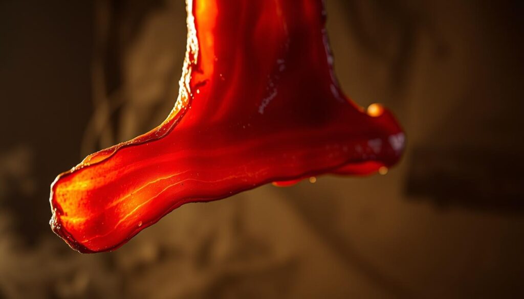 A close-up, hyper-realistic image of a freshly smoked pork belly, showcasing the perfect texture and coloration achieved through traditional low-and-slow smoking. The bacon is suspended in mid-air against a hazy, warm-toned backdrop, highlighting the caramelized edges and glistening fat. Subtle beams of golden light dance across the surface, emphasizing the depth of flavor and craftsmanship. The scene evokes a sense of artisanal technique, the patience and care required to produce high-quality cured meats. The overall composition conveys the essence of the optimal smoking temperature for achieving the ideal balance of tenderness, smokiness, and richness.