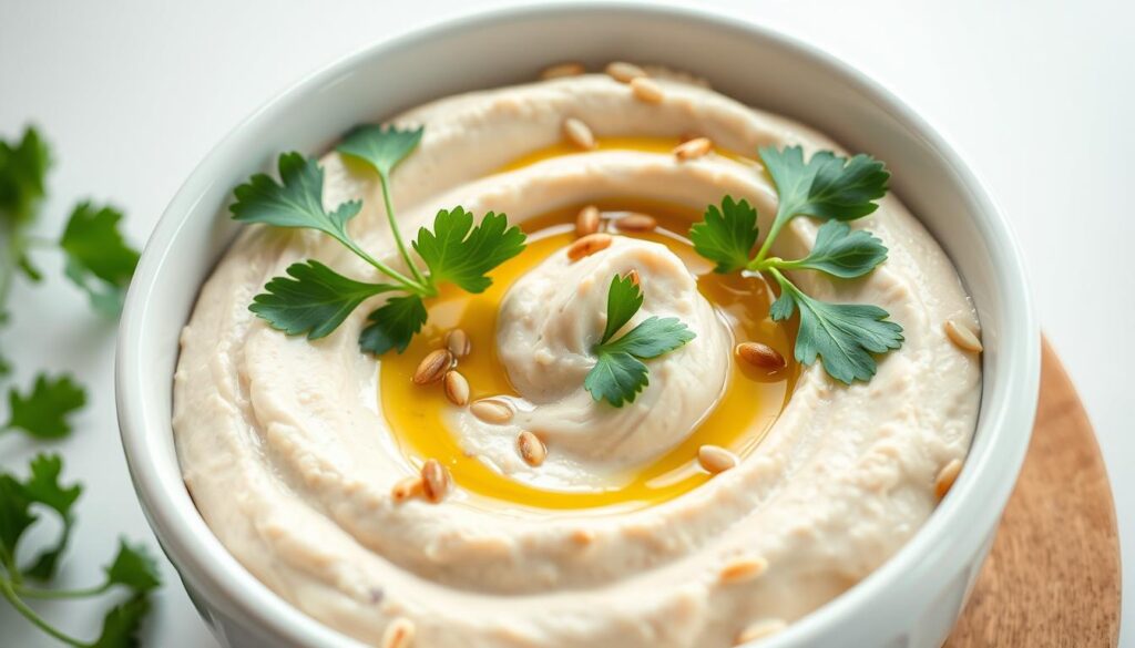 A close-up photograph of a healthy, creamy hummus dip in a white ceramic bowl, garnished with vibrant green parsley leaves, toasted sesame seeds, and a drizzle of rich olive oil. The hummus has a smooth, silky texture and a light beige color, reflecting its freshness and natural ingredients. The scene is illuminated by soft, diffused natural lighting, showcasing the hummus' appetizing appearance and highlighting its nutritious properties. The background is simple and minimalist, allowing the hummus to be the focal point and conveying a sense of purity and wellness. A close-up photograph of a healthy, creamy hummus dip in a white ceramic bowl, garnished with vibrant green parsley leaves, toasted sesame seeds, and a drizzle of rich olive oil. The hummus has a smooth, silky texture and a light beige color, reflecting its freshness and natural ingredients. The scene is illuminated by soft, diffused natural lighting, showcasing the hummus' appetizing appearance and highlighting its nutritious properties. The background is simple and minimalist, allowing the hummus to be the focal point and conveying a sense of purity and wellness.