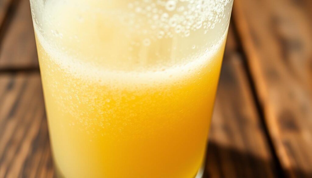 A close-up shot of a freshly poured glass of sourdough starter, showcasing its bubbly and effervescent texture. The liquid has a pale golden hue, with tiny air pockets dotting the surface, creating a visually captivating and inviting appearance. The glass is placed on a rustic wooden table, allowing the natural lighting to accentuate the vibrant colors and highlights the tantalizing nature of this unique fermented beverage. The overall mood is one of simplicity, highlighting the pure, unadulterated essence of the sourdough starter, perfectly capturing the lightly sour and refreshing character described in the article.