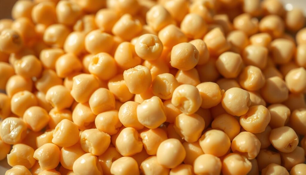 A close-up shot of a pile of freshly cooked chickpeas (ciecierzyca), their light beige hue and soft, creamy texture invitingly showcased. The chickpeas are arranged in an elegant, artful manner, capturing their delicate, slightly nutty aroma. The lighting is warm and natural, casting gentle shadows that accentuate the contours and surfaces of the chickpeas. The background is blurred, keeping the focus firmly on the subject and its mouthwatering presentation. An image that evokes the subtle, versatile flavor profile of chickpeas - neither overpowering nor bland, but delicately balanced and satisfying.