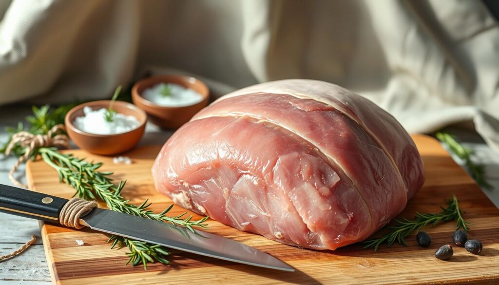 A close-up shot of a raw pork ham on a wooden cutting board, surrounded by kitchen tools and ingredients. The ham is positioned in the center, with a sharp butcher's knife, kitchen twine, and a handful of aromatic herbs like rosemary and thyme in the foreground. The middle ground features a small bowl of coarse salt and a sprinkling of whole peppercorns. In the background, a neutral-colored kitchen towel adds texture and a sense of warmth. The lighting is soft and natural, creating subtle shadows that accentuate the contours of the ham. The overall composition evokes a rustic, homemade atmosphere, ready for the next step of the pork preparation process. A close-up shot of a raw pork ham on a wooden cutting board, surrounded by kitchen tools and ingredients. The ham is positioned in the center, with a sharp butcher's knife, kitchen twine, and a handful of aromatic herbs like rosemary and thyme in the foreground. The middle ground features a small bowl of coarse salt and a sprinkling of whole peppercorns. In the background, a neutral-colored kitchen towel adds texture and a sense of warmth. The lighting is soft and natural, creating subtle shadows that accentuate the contours of the ham. The overall composition evokes a rustic, homemade atmosphere, ready for the next step of the pork preparation process.