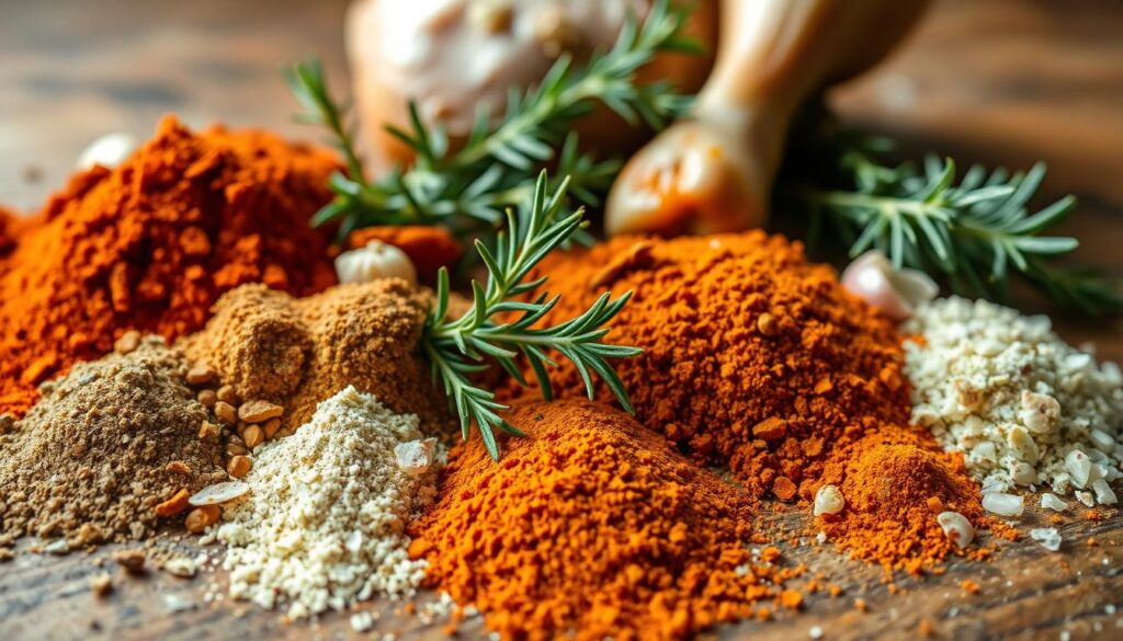 A close-up shot of an assortment of spices and herbs arranged on a rustic wooden table. The foreground features vibrant, freshly ground spices like paprika, cumin, garlic powder, and onion flakes, creating a warm, earthy palette. In the middle ground, sprigs of fresh rosemary, thyme, and oregano add pops of green, complementing the spices. The background is softly blurred, highlighting the textures and colors of the seasonings. The lighting is natural, casting gentle shadows and highlighting the intricate details of the ingredients. The overall mood is one of culinary inspiration, inviting the viewer to imagine the flavorful possibilities of these spices when used to season chicken drumsticks. A close-up shot of an assortment of spices and herbs arranged on a rustic wooden table. The foreground features vibrant, freshly ground spices like paprika, cumin, garlic powder, and onion flakes, creating a warm, earthy palette. In the middle ground, sprigs of fresh rosemary, thyme, and oregano add pops of green, complementing the spices. The background is softly blurred, highlighting the textures and colors of the seasonings. The lighting is natural, casting gentle shadows and highlighting the intricate details of the ingredients. The overall mood is one of culinary inspiration, inviting the viewer to imagine the flavorful possibilities of these spices when used to season chicken drumsticks.
