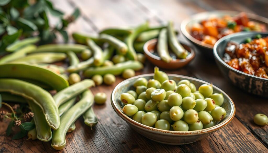 A delectable display of fresh fava beans, also known as "bób", artfully arranged on a rustic wooden table. The beans are glistening with a light sheen, their vibrant green hues contrasting beautifully against the warm, earthy tones of the table. In the foreground, a simple yet elegant ceramic dish showcases the beans, highlighting their plump, creamy texture. Surrounding the dish, various serving suggestions come into view - steamed and seasoned with fragrant herbs, roasted with a drizzle of olive oil, or perhaps incorporated into a hearty, simmered stew. The scene is bathed in soft, natural lighting, evoking a sense of freshness and culinary delight. This image perfectly encapsulates the versatility and delicious flavors of the humble "bób" in myriad ways of presentation. A delectable display of fresh fava beans, also known as "bób", artfully arranged on a rustic wooden table. The beans are glistening with a light sheen, their vibrant green hues contrasting beautifully against the warm, earthy tones of the table. In the foreground, a simple yet elegant ceramic dish showcases the beans, highlighting their plump, creamy texture. Surrounding the dish, various serving suggestions come into view - steamed and seasoned with fragrant herbs, roasted with a drizzle of olive oil, or perhaps incorporated into a hearty, simmered stew. The scene is bathed in soft, natural lighting, evoking a sense of freshness and culinary delight. This image perfectly encapsulates the versatility and delicious flavors of the humble "bób" in myriad ways of presentation.