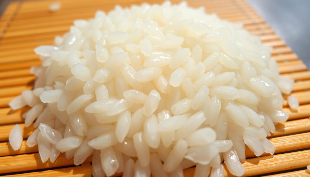 A delicate arrangement of freshly steamed Japanese short-grain rice, glistening with a subtle sheen, resting atop a bamboo sushi mat. The grains are perfectly separated, each one distinct yet harmoniously blended, radiating a comforting, creamy white hue. The rice is the foundation, the canvas upon which the sushi's flavors will be artfully composed, a supporting player that allows the seafood and other ingredients to shine. Soft, fluffy, and evenly textured, the rice is the heart of the sushi experience, its quality and preparation crucial to the dish's overall balance and authenticity. Captured in a close-up, low-angle perspective, with warm, natural lighting accentuating the rice's inherent beauty and tactile appeal. A delicate arrangement of freshly steamed Japanese short-grain rice, glistening with a subtle sheen, resting atop a bamboo sushi mat. The grains are perfectly separated, each one distinct yet harmoniously blended, radiating a comforting, creamy white hue. The rice is the foundation, the canvas upon which the sushi's flavors will be artfully composed, a supporting player that allows the seafood and other ingredients to shine. Soft, fluffy, and evenly textured, the rice is the heart of the sushi experience, its quality and preparation crucial to the dish's overall balance and authenticity. Captured in a close-up, low-angle perspective, with warm, natural lighting accentuating the rice's inherent beauty and tactile appeal.