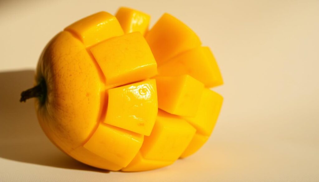A delightful mango, its golden skin glistening under natural light, rests against a soft, neutral background. The juicy flesh, bursting with vibrant hues of orange and yellow, beckons to be savored. Intricate textures and patterns adorn the surface, hinting at the sweet, tangy flavors within. The composition is balanced, with the mango elevated slightly, allowing its luscious form to take center stage. Subtle shadows and highlights accentuate the fruit's voluptuous curves, creating a sense of depth and dimensionality. This image perfectly captures the essence of the mango's irresistible taste – sumptuously sweet, with a delicate citrus undertone that lingers on the palate. A delightful mango, its golden skin glistening under natural light, rests against a soft, neutral background. The juicy flesh, bursting with vibrant hues of orange and yellow, beckons to be savored. Intricate textures and patterns adorn the surface, hinting at the sweet, tangy flavors within. The composition is balanced, with the mango elevated slightly, allowing its luscious form to take center stage. Subtle shadows and highlights accentuate the fruit's voluptuous curves, creating a sense of depth and dimensionality. This image perfectly captures the essence of the mango's irresistible taste – sumptuously sweet, with a delicate citrus undertone that lingers on the palate.