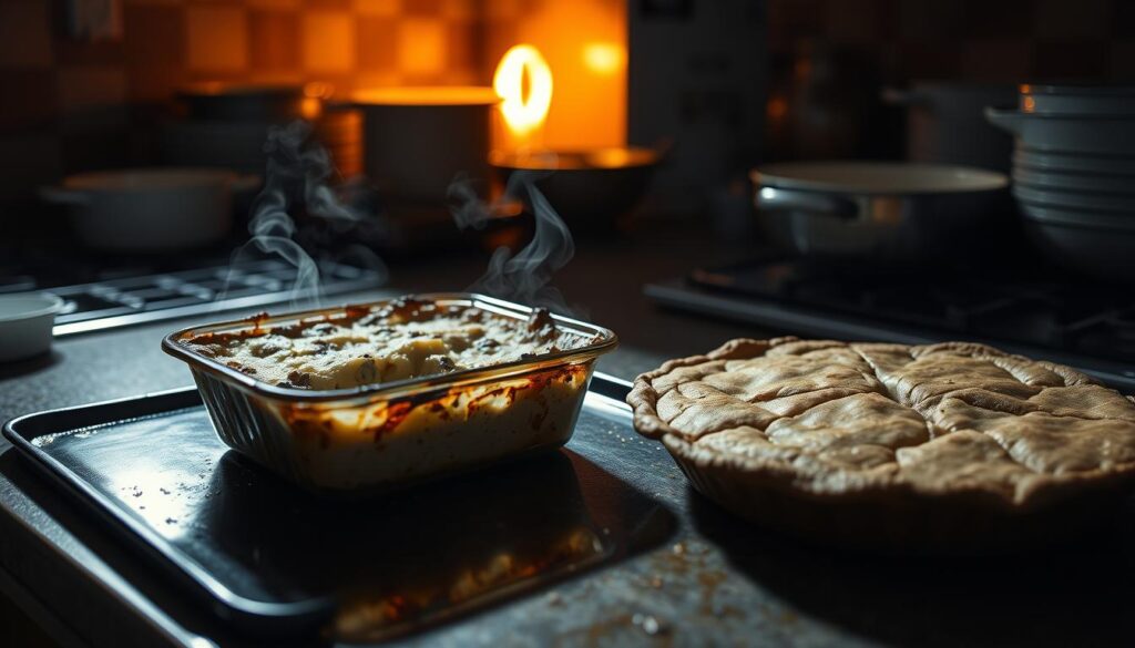 A dimly lit kitchen counter, cluttered with baking dishes and pans. In the foreground, a half-baked casserole sits on a scorched baking sheet, steam rising from its charred edges. Beside it, a cracked, unevenly browned crust of a failed attempt. The background is blurred, hinting at an oven door ajar, casting a warm, orange glow. The scene conveys a sense of kitchen mishaps, with the unsatisfactory results of common baking mistakes. Muted tones and shadows suggest a somber, instructive mood, guiding the viewer to understand the importance of temperature control and timing when baking casseroles. A dimly lit kitchen counter, cluttered with baking dishes and pans. In the foreground, a half-baked casserole sits on a scorched baking sheet, steam rising from its charred edges. Beside it, a cracked, unevenly browned crust of a failed attempt. The background is blurred, hinting at an oven door ajar, casting a warm, orange glow. The scene conveys a sense of kitchen mishaps, with the unsatisfactory results of common baking mistakes. Muted tones and shadows suggest a somber, instructive mood, guiding the viewer to understand the importance of temperature control and timing when baking casseroles.