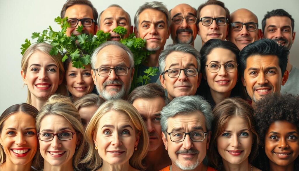 A diverse collection of faces, each conveying a distinct opinion on the culinary experience of coriander. The foreground showcases a range of facial expressions, from delighted smiles to furrowed brows, capturing the varied perspectives on this polarizing herb. The middle ground features a mix of close-up and three-quarter views, allowing the viewer to connect with the individuals and their personal assessments. The background sets a softly-lit, neutral scene, letting the focus remain on the expressive faces and their unspoken opinions about the taste of coriander - whether it's perceived as fresh and citrusy or soapy and unpalatable. A diverse collection of faces, each conveying a distinct opinion on the culinary experience of coriander. The foreground showcases a range of facial expressions, from delighted smiles to furrowed brows, capturing the varied perspectives on this polarizing herb. The middle ground features a mix of close-up and three-quarter views, allowing the viewer to connect with the individuals and their personal assessments. The background sets a softly-lit, neutral scene, letting the focus remain on the expressive faces and their unspoken opinions about the taste of coriander - whether it's perceived as fresh and citrusy or soapy and unpalatable.