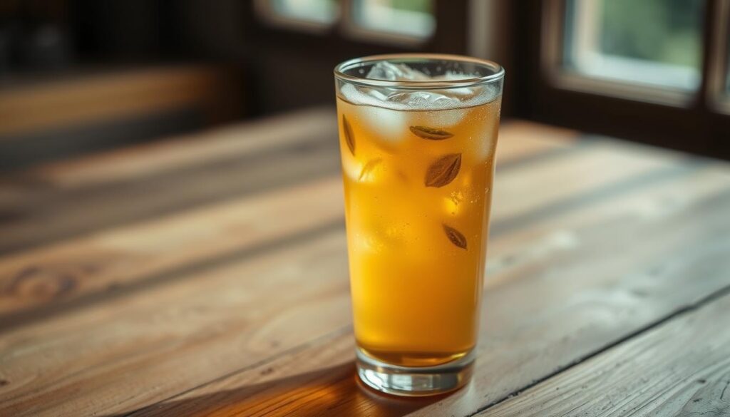 A glass of clear, effervescent kombucha fizzing and sparkling on a rustic wooden table. The beverage's golden hue casts a warm glow, with delicate tea leaves and a swirling, translucent SCOBY visible within. Soft, natural lighting filters through a window, casting subtle shadows and highlights that accentuate the drink's inviting, refreshing appearance. The scene exudes a sense of tranquility and wellness, perfectly capturing the essence of the "Jak smakuje kombucha?" section. A glass of clear, effervescent kombucha fizzing and sparkling on a rustic wooden table. The beverage's golden hue casts a warm glow, with delicate tea leaves and a swirling, translucent SCOBY visible within. Soft, natural lighting filters through a window, casting subtle shadows and highlights that accentuate the drink's inviting, refreshing appearance. The scene exudes a sense of tranquility and wellness, perfectly capturing the essence of the "Jak smakuje kombucha?" section.
