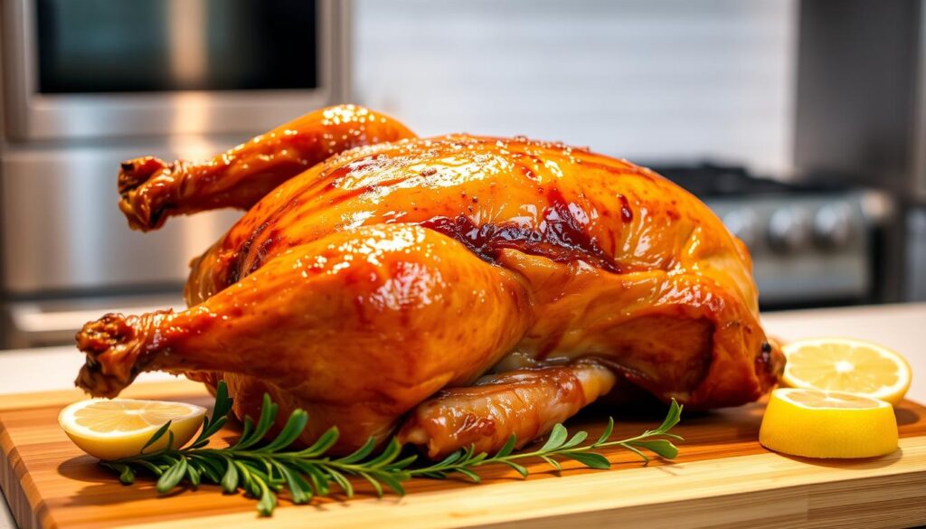 A golden-brown roasted duck, its crispy skin glistening under warm, soft lighting. The duck is positioned on a wooden cutting board, surrounded by fresh herbs and lemon slices. In the background, a modern kitchen with sleek, stainless steel appliances and white subway tiles creates a clean, minimalist atmosphere. The scene evokes a sense of culinary expertise and the perfect balance of temperature and time to achieve the desired result: tender, juicy meat and a perfectly-crisped skin. A golden-brown roasted duck, its crispy skin glistening under warm, soft lighting. The duck is positioned on a wooden cutting board, surrounded by fresh herbs and lemon slices. In the background, a modern kitchen with sleek, stainless steel appliances and white subway tiles creates a clean, minimalist atmosphere. The scene evokes a sense of culinary expertise and the perfect balance of temperature and time to achieve the desired result: tender, juicy meat and a perfectly-crisped skin.
