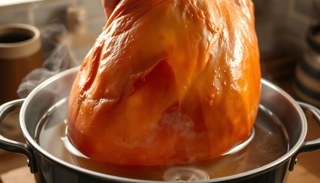 A large, succulent ham being carefully submerged in a steaming pot of aromatic broth. The glossy, golden-brown exterior glistens under the warm, soft lighting, inviting a closer look. The steam rises in delicate wisps, hinting at the tender, juicy meat within. In the background, a simple, rustic kitchen setting provides a cozy, homely atmosphere. The scene exudes the comforting aroma of traditional, time-honored cooking techniques, perfectly capturing the essence of the "parzenie szynki" process. A large, succulent ham being carefully submerged in a steaming pot of aromatic broth. The glossy, golden-brown exterior glistens under the warm, soft lighting, inviting a closer look. The steam rises in delicate wisps, hinting at the tender, juicy meat within. In the background, a simple, rustic kitchen setting provides a cozy, homely atmosphere. The scene exudes the comforting aroma of traditional, time-honored cooking techniques, perfectly capturing the essence of the "parzenie szynki" process.
