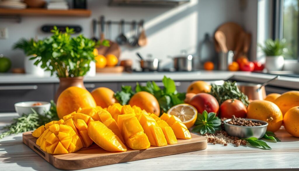 A lush, sun-drenched kitchen scene featuring a bountiful display of ripe, golden mango slices, expertly arranged alongside a variety of culinary ingredients. In the foreground, a wooden cutting board showcases the juicy, fragrant flesh of the mango, complemented by the vibrant colors of fresh herbs, spices, and citrus fruits. In the middle ground, a sleek, modern kitchen counter serves as the backdrop, with gleaming utensils and cookware hinting at the myriad of delectable mango-based dishes that can be prepared. The overall atmosphere is one of warmth, abundance, and the promise of delicious culinary creations, captured through a soft, natural lighting that highlights the inviting textures and colors of the scene. A lush, sun-drenched kitchen scene featuring a bountiful display of ripe, golden mango slices, expertly arranged alongside a variety of culinary ingredients. In the foreground, a wooden cutting board showcases the juicy, fragrant flesh of the mango, complemented by the vibrant colors of fresh herbs, spices, and citrus fruits. In the middle ground, a sleek, modern kitchen counter serves as the backdrop, with gleaming utensils and cookware hinting at the myriad of delectable mango-based dishes that can be prepared. The overall atmosphere is one of warmth, abundance, and the promise of delicious culinary creations, captured through a soft, natural lighting that highlights the inviting textures and colors of the scene.