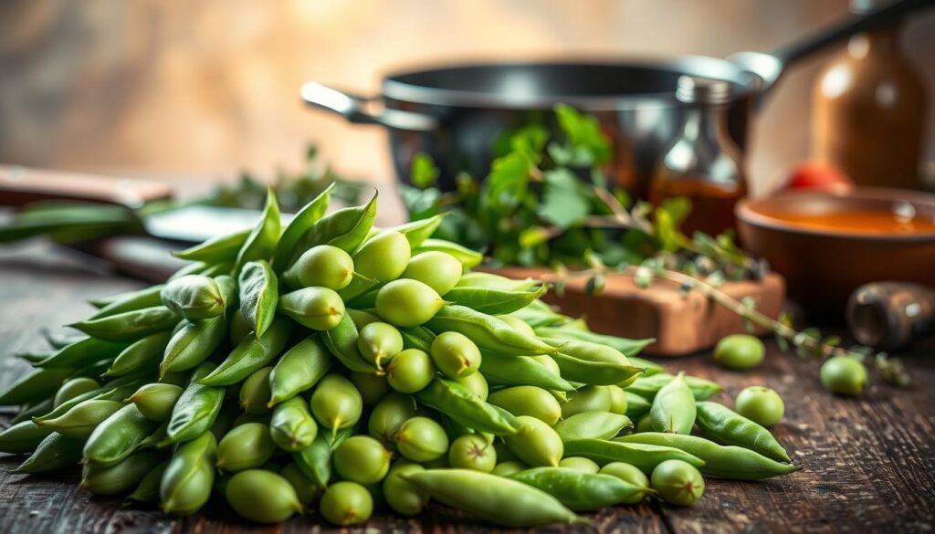 A lush, vibrant still life showcasing the culinary versatility of fava beans. In the foreground, a generous pile of fresh, crisp fava beans in their verdant pods, nestled atop a rustic wooden surface. In the middle ground, an array of cooking ingredients and implements - a sharp chef's knife, a sizzling pan, sprigs of fragrant herbs, and a drizzle of golden olive oil. The background features a softly blurred, warm-toned kitchen setting, hinting at the myriad ways these flavorful beans can be prepared and enjoyed. Soft, directional lighting casts gentle shadows, emphasizing the textures and colors of this bountiful culinary display. The overall mood is one of abundance, sophistication, and the celebration of fresh, seasonal produce. A lush, vibrant still life showcasing the culinary versatility of fava beans. In the foreground, a generous pile of fresh, crisp fava beans in their verdant pods, nestled atop a rustic wooden surface. In the middle ground, an array of cooking ingredients and implements - a sharp chef's knife, a sizzling pan, sprigs of fragrant herbs, and a drizzle of golden olive oil. The background features a softly blurred, warm-toned kitchen setting, hinting at the myriad ways these flavorful beans can be prepared and enjoyed. Soft, directional lighting casts gentle shadows, emphasizing the textures and colors of this bountiful culinary display. The overall mood is one of abundance, sophistication, and the celebration of fresh, seasonal produce.