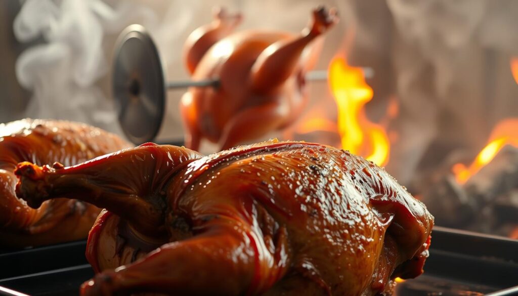 A meticulously composed scene showcasing various methods of roasting a duck. In the foreground, a traditional oven-roasted duck displays its crispy, golden-brown skin. In the middle ground, a rotisserie-style duck slowly rotates, evenly browning the exterior. In the background, a duck being smoked over an open fire releases fragrant plumes of aromatic wood smoke. Soft, diffused lighting illuminates the scene, emphasizing the textures and juices of the perfectly cooked poultry. The overall mood is one of culinary expertise and mouthwatering anticipation. A meticulously composed scene showcasing various methods of roasting a duck. In the foreground, a traditional oven-roasted duck displays its crispy, golden-brown skin. In the middle ground, a rotisserie-style duck slowly rotates, evenly browning the exterior. In the background, a duck being smoked over an open fire releases fragrant plumes of aromatic wood smoke. Soft, diffused lighting illuminates the scene, emphasizing the textures and juices of the perfectly cooked poultry. The overall mood is one of culinary expertise and mouthwatering anticipation.