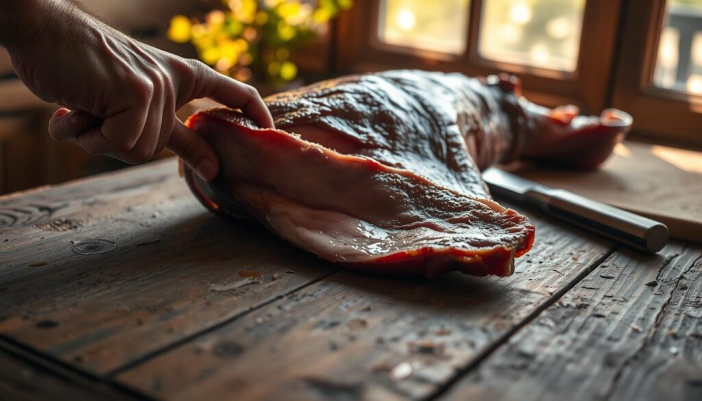 A rustic wooden table, its surface worn with time, serves as the backdrop for the preparation of cured pork belly. In the foreground, a skilled hand carefully trims the edges, revealing the succulent meat and a glistening layer of fat. Dappled sunlight filters through a nearby window, casting a warm, golden glow over the scene. The tools of the trade, a sharp knife and a wooden cutting board, are arranged neatly, conveying a sense of precision and care. The overall atmosphere is one of a traditional, time-honored process, where the focus is on the simple yet essential steps required to create the perfect boczek, ready for the next stage of its transformation.