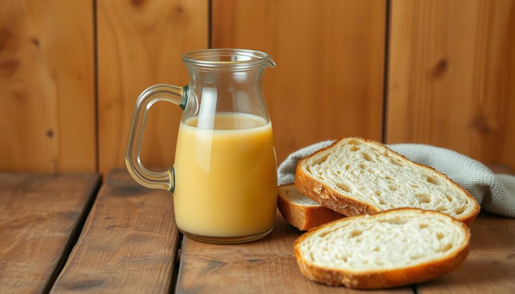 A rustic wooden table set against a warm, natural backdrop. On the table, a glass pitcher filled with a pale, amber-colored liquid - a homemade sourdough starter, the key ingredient for a refreshing sourdough soda. Nearby, a few slices of freshly baked bread, their golden crusts glistening, ready to be dipped into the tangy, effervescent beverage. The scene exudes a sense of simplicity and homespun charm, capturing the essence of a traditional sourdough-based drink that has been enjoyed for generations. Soft, diffused lighting casts a cozy, inviting glow over the composition, inviting the viewer to imagine the delightful, lightly sour, and invigorating taste of the homemade sourdough soda.