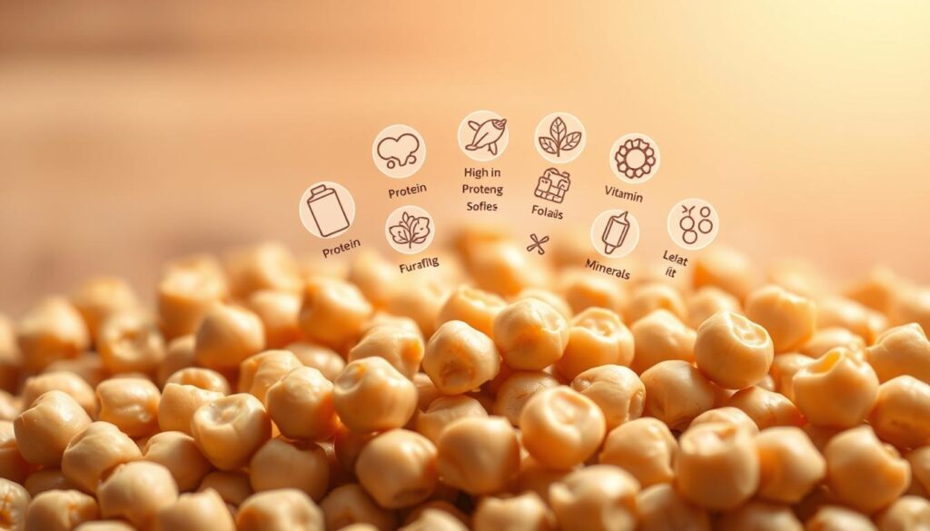 A vibrant illustration of the health benefits of chickpeas. A close-up view of a pile of chickpeas, their mottled beige shells glistening under soft, natural lighting. The legumes are arranged in the foreground, their shapes and textures clearly visible. In the middle ground, various superfood icons float, representing the nutritional value of chickpeas - high in protein, fiber, folate, and a range of vitamins and minerals. The background is a soft, blurred gradient, creating a sense of depth and focus on the central elements. The overall mood is one of nourishment and wellness, inviting the viewer to appreciate the versatile and healthy nature of this humble legume.