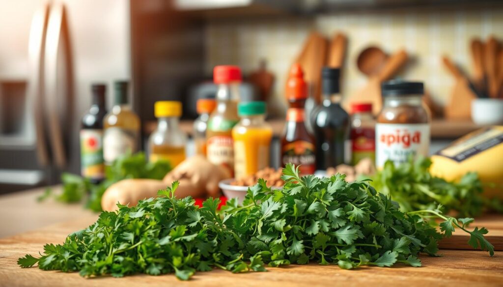 A vibrant, international kitchen scene showcasing the versatile coriander herb. In the foreground, a freshly chopped pile of green, fragrant coriander leaves sits atop a wooden cutting board, complemented by a selection of spices and condiments from around the world. In the middle ground, a diverse array of global ingredients - from soy sauce and ginger to cumin and chili peppers - are neatly arranged, hinting at the international culinary possibilities of this flavorful plant. The background features a softly blurred view of the kitchen, with stainless steel appliances and a tiled backsplash, creating a clean, modern setting. Warm, natural lighting filters in, casting a welcoming glow and emphasizing the fresh, vibrant nature of the coriander. The overall atmosphere conveys a sense of exploration and cultural fusion through the lens of this versatile herb. A vibrant, international kitchen scene showcasing the versatile coriander herb. In the foreground, a freshly chopped pile of green, fragrant coriander leaves sits atop a wooden cutting board, complemented by a selection of spices and condiments from around the world. In the middle ground, a diverse array of global ingredients - from soy sauce and ginger to cumin and chili peppers - are neatly arranged, hinting at the international culinary possibilities of this flavorful plant. The background features a softly blurred view of the kitchen, with stainless steel appliances and a tiled backsplash, creating a clean, modern setting. Warm, natural lighting filters in, casting a welcoming glow and emphasizing the fresh, vibrant nature of the coriander. The overall atmosphere conveys a sense of exploration and cultural fusion through the lens of this versatile herb.