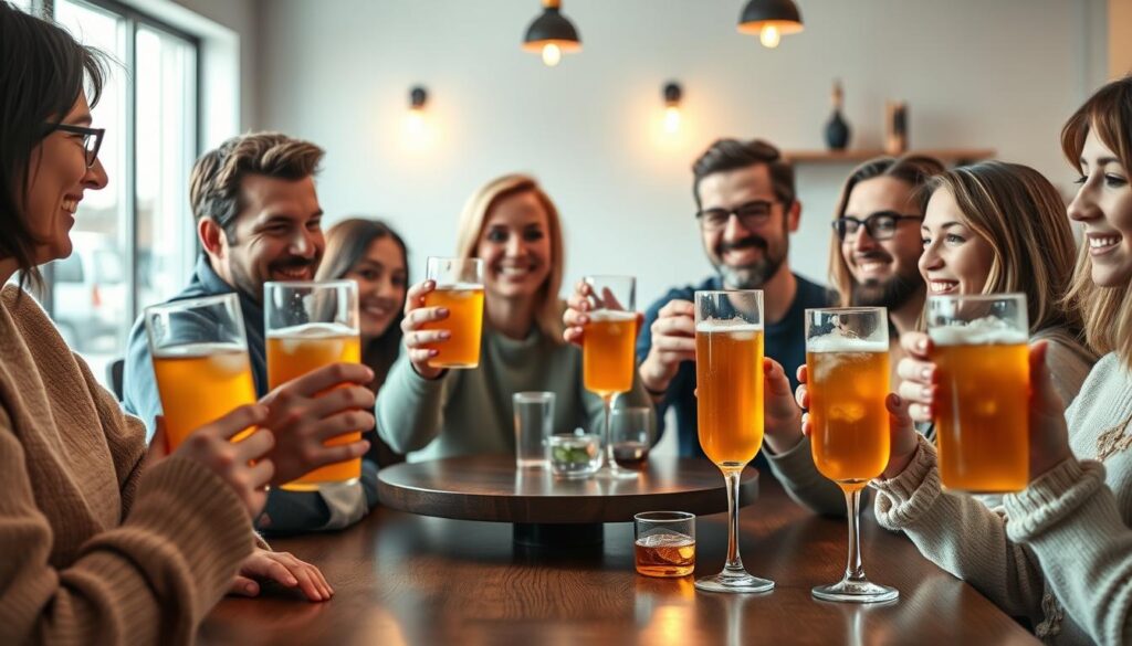 A vibrant, photorealistic image of a group of people gathered around a table, each holding a glass of refreshing kombucha. The scene is set in a cozy, modern cafe-style setting, with warm lighting and a minimalist, Scandinavian-inspired interior design. The people are a diverse mix of ages and backgrounds, engaged in lively conversation, their faces expressing a sense of enjoyment and satisfaction as they sip the effervescent, amber-colored beverage. The kombucha glasses are the focal point, showcasing the unique, slightly cloudy appearance and subtle hues of the fermented tea. The overall atmosphere conveys a sense of community, wellness, and a positive attitude towards the increasingly popular kombucha drink among Polish consumers. A vibrant, photorealistic image of a group of people gathered around a table, each holding a glass of refreshing kombucha. The scene is set in a cozy, modern cafe-style setting, with warm lighting and a minimalist, Scandinavian-inspired interior design. The people are a diverse mix of ages and backgrounds, engaged in lively conversation, their faces expressing a sense of enjoyment and satisfaction as they sip the effervescent, amber-colored beverage. The kombucha glasses are the focal point, showcasing the unique, slightly cloudy appearance and subtle hues of the fermented tea. The overall atmosphere conveys a sense of community, wellness, and a positive attitude towards the increasingly popular kombucha drink among Polish consumers.