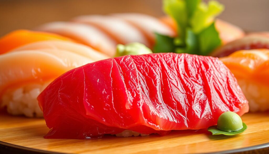 A visually stunning close-up shot of a perfectly arranged sushi plate, showcasing the vibrant colors and exquisite textures of the delicate ingredients. In the foreground, a succulent slice of tuna sashimi glistens under soft, warm lighting, its ruby-red hue contrasting beautifully with the pristine white rice beneath. Surrounding the centerpiece are delicately crafted nigiri, each topped with a different type of seafood - from the glossy, silvery sheen of the salmon to the velvety, orange-tinged slices of yellowtail. In the middle ground, carefully placed garnishes, such as fresh ginger, vibrant green shiso leaves, and a dollop of wasabi, add depth and complexity to the composition. The background is hazy, allowing the viewer to focus solely on the exquisite details and flavors of this masterfully prepared sushi arrangement. A visually stunning close-up shot of a perfectly arranged sushi plate, showcasing the vibrant colors and exquisite textures of the delicate ingredients. In the foreground, a succulent slice of tuna sashimi glistens under soft, warm lighting, its ruby-red hue contrasting beautifully with the pristine white rice beneath. Surrounding the centerpiece are delicately crafted nigiri, each topped with a different type of seafood - from the glossy, silvery sheen of the salmon to the velvety, orange-tinged slices of yellowtail. In the middle ground, carefully placed garnishes, such as fresh ginger, vibrant green shiso leaves, and a dollop of wasabi, add depth and complexity to the composition. The background is hazy, allowing the viewer to focus solely on the exquisite details and flavors of this masterfully prepared sushi arrangement.