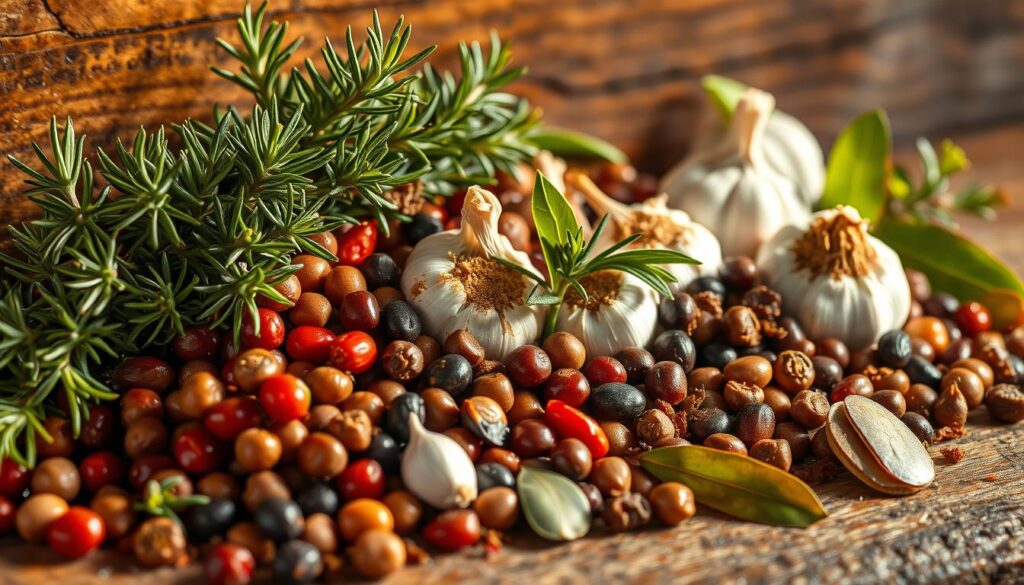 A beautifully arranged selection of vibrant, aromatic spices and herbs, including rosemary, thyme, garlic, peppercorns, and bay leaves, glistening with a subtle sheen against a rustic wooden backdrop. The composition is bathed in warm, golden lighting, casting soft shadows and highlighting the intricate textures and colors of the ingredients. The scene evokes the comforting aroma and rich flavors of a well-crafted marinade, perfectly suited to enhance the taste of smoked ham or pork. A beautifully arranged selection of vibrant, aromatic spices and herbs, including rosemary, thyme, garlic, peppercorns, and bay leaves, glistening with a subtle sheen against a rustic wooden backdrop. The composition is bathed in warm, golden lighting, casting soft shadows and highlighting the intricate textures and colors of the ingredients. The scene evokes the comforting aroma and rich flavors of a well-crafted marinade, perfectly suited to enhance the taste of smoked ham or pork.