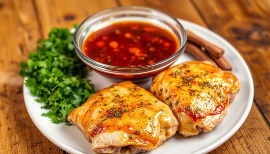 A beautifully crafted marinade glistens on a plate, surrounded by freshly chopped herbs and spices. In the foreground, succulent chicken thighs, their golden-brown skin seared to perfection, await their savory bath. The middle ground features a shallow bowl filled with the aromatic mixture, its deep red hues hinting at the complex flavors to come. In the background, a rustic wooden table sets the stage, the warm lighting casting a cozy, inviting atmosphere. This image captures the essence of the perfect marinade, ready to transform simple chicken thighs into a mouthwatering culinary delight. A beautifully crafted marinade glistens on a plate, surrounded by freshly chopped herbs and spices. In the foreground, succulent chicken thighs, their golden-brown skin seared to perfection, await their savory bath. The middle ground features a shallow bowl filled with the aromatic mixture, its deep red hues hinting at the complex flavors to come. In the background, a rustic wooden table sets the stage, the warm lighting casting a cozy, inviting atmosphere. This image captures the essence of the perfect marinade, ready to transform simple chicken thighs into a mouthwatering culinary delight.