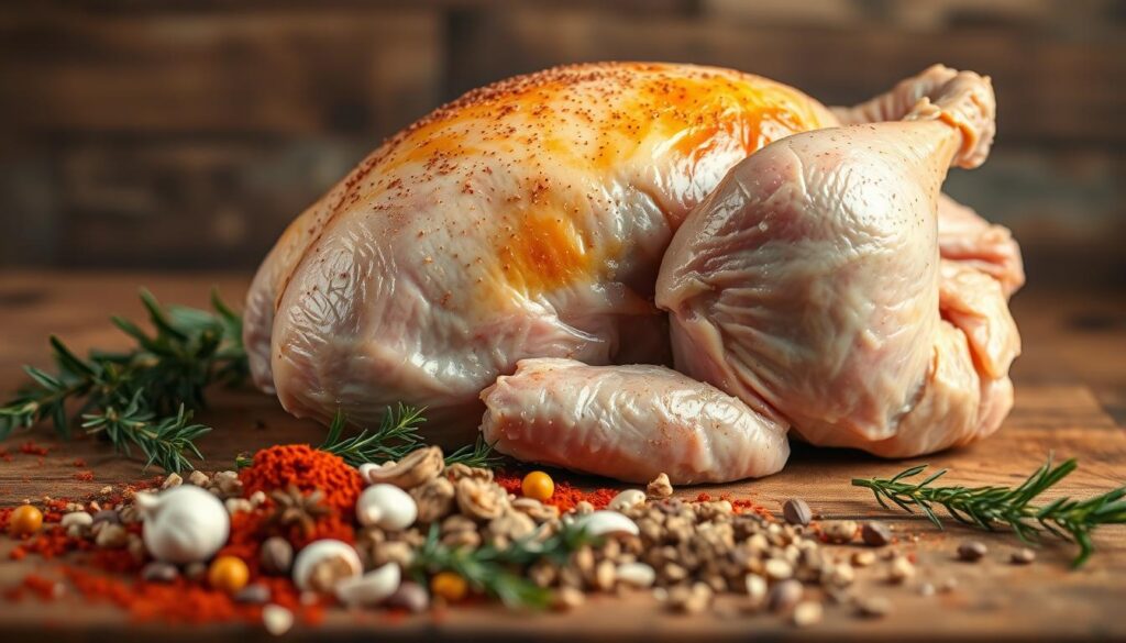 A beautifully lit, close-up image of a whole raw turkey, seasoned with a variety of fragrant spices and herbs. The turkey is placed on a rustic wooden surface, showcasing its golden-brown skin and juicy interior. In the foreground, an assortment of spices, such as paprika, thyme, rosemary, and garlic, are scattered around the turkey, hinting at the flavorful seasoning process. The background is softly blurred, creating a focus on the main subject. The overall mood is warm, inviting, and appetizing, capturing the essence of preparing a tender and succulent turkey. A beautifully lit, close-up image of a whole raw turkey, seasoned with a variety of fragrant spices and herbs. The turkey is placed on a rustic wooden surface, showcasing its golden-brown skin and juicy interior. In the foreground, an assortment of spices, such as paprika, thyme, rosemary, and garlic, are scattered around the turkey, hinting at the flavorful seasoning process. The background is softly blurred, creating a focus on the main subject. The overall mood is warm, inviting, and appetizing, capturing the essence of preparing a tender and succulent turkey.
