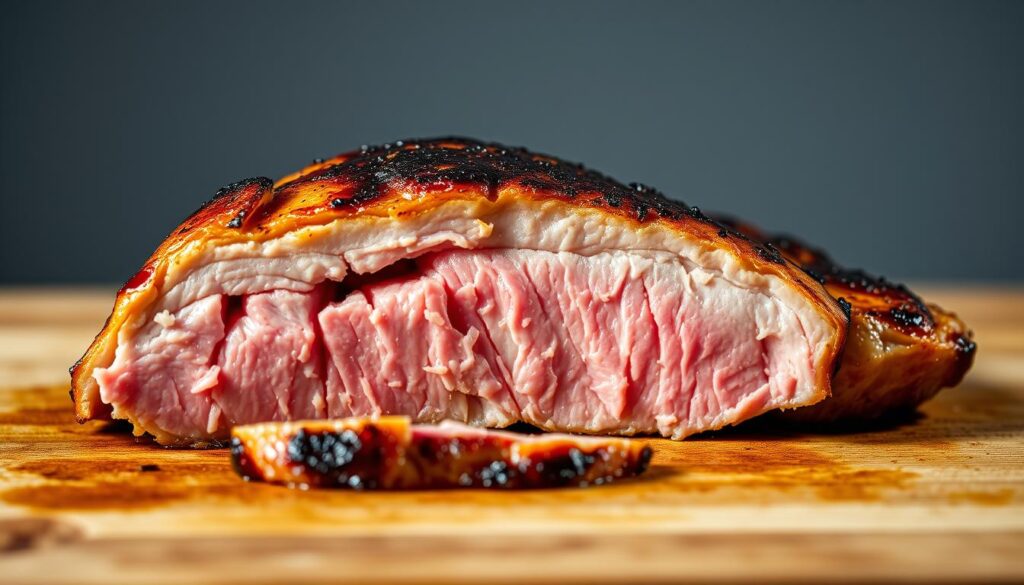 A beautifully lit, close-up photograph of a seared duck breast, sliced open to reveal its juicy, tender interior. The skin is crisp and golden-brown, while the meat is a succulent pink hue. The scene is set against a simple, uncluttered background, allowing the duck to take center stage. Soft shadows and highlights accentuate the textural details, drawing the viewer's attention to the quality of the cooking. The image conveys the perfect balance of a duck breast that has been seared for the optimal duration, resulting in a mouthwatering, restaurant-quality presentation.