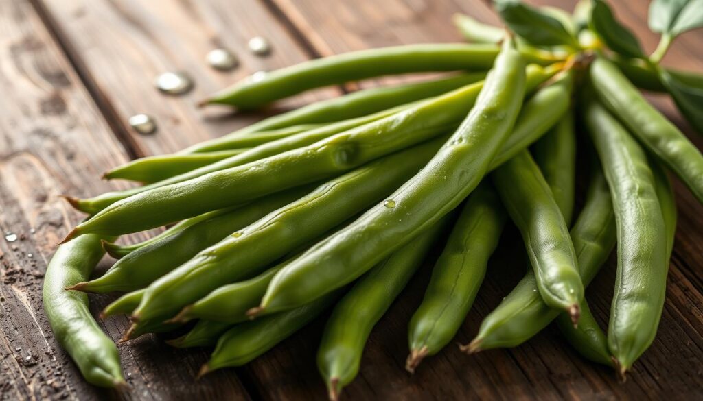 A beautifully lit close-up shot of freshly harvested green broad beans (bób) on a rustic wooden surface. The beans are arranged in a visually appealing way, showcasing their vibrant color and natural texture. The lighting casts soft shadows, highlighting the contours and creating a warm, inviting atmosphere. In the background, a few water droplets on the beans suggest they have just been washed, alluding to the "Przygotowanie bobu przed gotowaniem — wybór i mycie" section of the article. The overall composition and attention to detail evoke a sense of care and craftsmanship in the preparation of this wholesome, traditional ingredient. A beautifully lit close-up shot of freshly harvested green broad beans (bób) on a rustic wooden surface. The beans are arranged in a visually appealing way, showcasing their vibrant color and natural texture. The lighting casts soft shadows, highlighting the contours and creating a warm, inviting atmosphere. In the background, a few water droplets on the beans suggest they have just been washed, alluding to the "Przygotowanie bobu przed gotowaniem — wybór i mycie" section of the article. The overall composition and attention to detail evoke a sense of care and craftsmanship in the preparation of this wholesome, traditional ingredient.