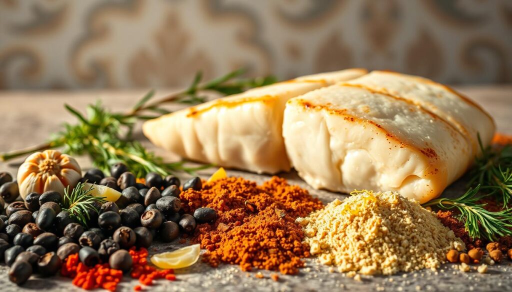 A beautifully styled still life showcasing an array of aromatic spices and herbs against a softly diffused background. In the foreground, a collection of whole and ground spices such as black peppercorns, paprika, garlic powder, dill, and lemon zest are arranged in a visually appealing manner, casting gentle shadows. The middle ground features a lightly seared, perfectly cooked fillet of cod, its flaky texture and succulent flesh glistening under warm, directional lighting. The background is blurred, creating a sense of depth and focus on the main subjects. The overall composition evokes a sense of culinary sophistication and the desire to create a delicate, flavorful dish.