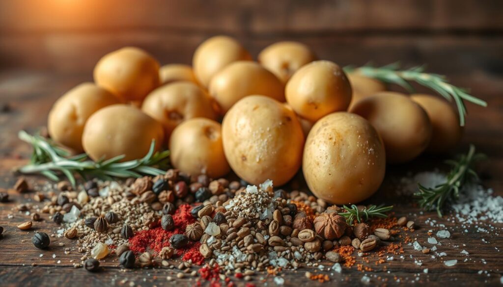 A bountiful assortment of potatoes resting on a rustic wooden table, their surfaces lightly dusted with an array of aromatic spices. In the foreground, a selection of whole and crushed spices, including fragrant peppercorns, fragrant rosemary sprigs, and a sprinkle of coarse sea salt, create an inviting tableau. The middle ground features the potatoes, their skins glistening with a light coating of olive oil, ready to be transformed into a flavorful dish. In the background, a warm, soft lighting casts a gentle glow, evoking a comforting and homely atmosphere, perfect for a delectable potato-based meal. A bountiful assortment of potatoes resting on a rustic wooden table, their surfaces lightly dusted with an array of aromatic spices. In the foreground, a selection of whole and crushed spices, including fragrant peppercorns, fragrant rosemary sprigs, and a sprinkle of coarse sea salt, create an inviting tableau. The middle ground features the potatoes, their skins glistening with a light coating of olive oil, ready to be transformed into a flavorful dish. In the background, a warm, soft lighting casts a gentle glow, evoking a comforting and homely atmosphere, perfect for a delectable potato-based meal.