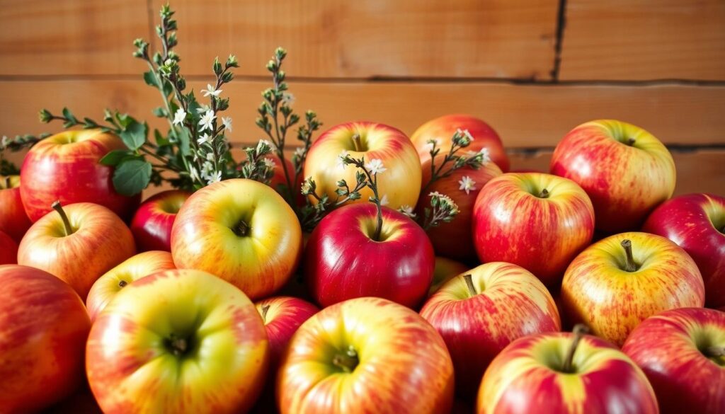 A bountiful display of the finest apple varieties for freezing, captured in a vibrant still life. In the foreground, an artful arrangement of crisp, juicy apples in hues of red, green, and golden yellow, their skins glistening under warm, soft lighting. In the middle ground, sprigs of fragrant herbs and delicate wildflowers add a touch of rustic charm. The background features a wooden surface, its weathered texture creating a sense of timeless tradition. The overall composition evokes the comforting essence of homemade preserves and the promise of a bountiful harvest. The scene is imbued with a cozy, inviting atmosphere, perfectly suited to illustrate the "Best Apple Varieties for Freezing and Preserves" section of the article. A bountiful display of the finest apple varieties for freezing, captured in a vibrant still life. In the foreground, an artful arrangement of crisp, juicy apples in hues of red, green, and golden yellow, their skins glistening under warm, soft lighting. In the middle ground, sprigs of fragrant herbs and delicate wildflowers add a touch of rustic charm. The background features a wooden surface, its weathered texture creating a sense of timeless tradition. The overall composition evokes the comforting essence of homemade preserves and the promise of a bountiful harvest. The scene is imbued with a cozy, inviting atmosphere, perfectly suited to illustrate the "Best Apple Varieties for Freezing and Preserves" section of the article.