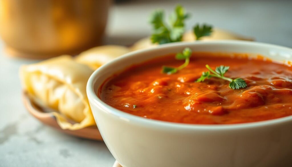 A bowl of homemade tomato sauce, rich and vibrant, sits ready to be poured over delicate cabbage rolls known as "gołąbki". The sauce has a deep red hue, with a glossy sheen and a hint of fragrant herbs and spices. The lighting is warm and golden, casting a cozy glow over the scene. The composition features the bowl of sauce in the foreground, with the cabbage rolls in the middle ground, allowing the viewer to focus on the interplay between the two elements. The background is softly blurred, keeping the attention on the main subject. The overall mood is comforting and inviting, evoking the homely pleasures of traditional Polish cuisine. A bowl of homemade tomato sauce, rich and vibrant, sits ready to be poured over delicate cabbage rolls known as "gołąbki". The sauce has a deep red hue, with a glossy sheen and a hint of fragrant herbs and spices. The lighting is warm and golden, casting a cozy glow over the scene. The composition features the bowl of sauce in the foreground, with the cabbage rolls in the middle ground, allowing the viewer to focus on the interplay between the two elements. The background is softly blurred, keeping the attention on the main subject. The overall mood is comforting and inviting, evoking the homely pleasures of traditional Polish cuisine.