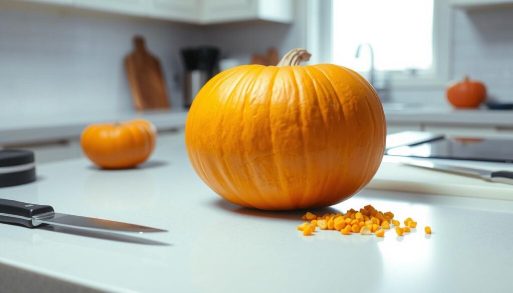A bright, well-lit kitchen counter with a large orange pumpkin or squash placed in the center. The pumpkin is freshly cut open, revealing its inner flesh and seeds. Nearby, there are various kitchen tools and utensils such as a knife, a spoon, and a cutting board, suggesting the process of preparing the pumpkin for freezing. The background is clean and uncluttered, allowing the viewer to focus on the main subject. The overall scene conveys a sense of organization and attention to detail, reflecting the step-by-step nature of the pumpkin preparation process. A bright, well-lit kitchen counter with a large orange pumpkin or squash placed in the center. The pumpkin is freshly cut open, revealing its inner flesh and seeds. Nearby, there are various kitchen tools and utensils such as a knife, a spoon, and a cutting board, suggesting the process of preparing the pumpkin for freezing. The background is clean and uncluttered, allowing the viewer to focus on the main subject. The overall scene conveys a sense of organization and attention to detail, reflecting the step-by-step nature of the pumpkin preparation process.