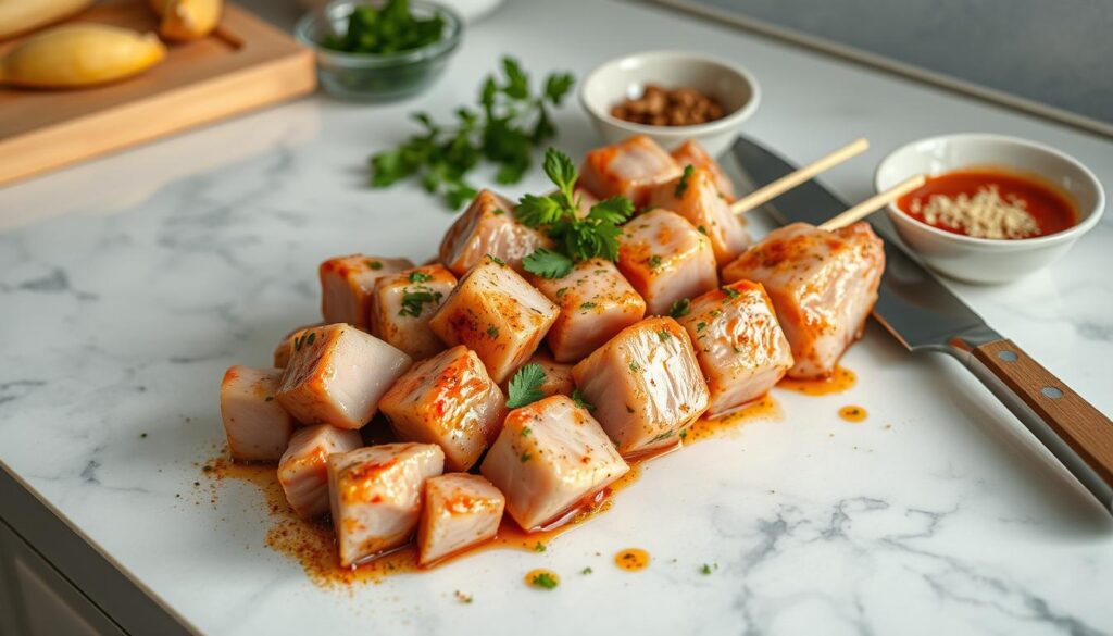 A carefully crafted marinade of fragrant spices and fresh herbs, glistening on tender pork cubes, ready for the skewers. A clean, modern kitchen counter serves as the stage, with soft, directional lighting highlighting the textural details. The composition emphasizes the preparation process, with the marinated meat taking center stage, surrounded by the essential tools - a cutting board, a sharp knife, and small bowls of aromatic ingredients. The overall mood is one of culinary precision and mouthwatering anticipation, inviting the viewer to envision the final, perfectly grilled pork skewers. A carefully crafted marinade of fragrant spices and fresh herbs, glistening on tender pork cubes, ready for the skewers. A clean, modern kitchen counter serves as the stage, with soft, directional lighting highlighting the textural details. The composition emphasizes the preparation process, with the marinated meat taking center stage, surrounded by the essential tools - a cutting board, a sharp knife, and small bowls of aromatic ingredients. The overall mood is one of culinary precision and mouthwatering anticipation, inviting the viewer to envision the final, perfectly grilled pork skewers.