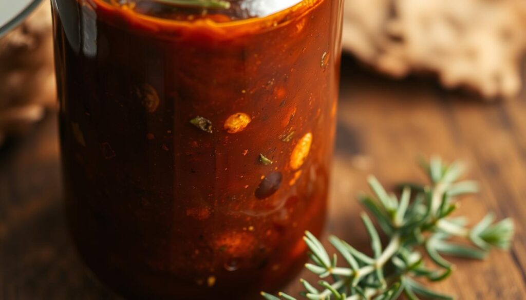 A close-up of a glass jar filled with a rich, thick marinade. The marinade has a deep mahogany color, with hints of spices and herbs visible within. The jar is set against a rustic, wooden surface, with a few sprigs of fresh thyme or rosemary nearby, adding a touch of natural greenery. The lighting is soft and warm, creating a cozy, inviting atmosphere that evokes the comforting flavors of a homemade barbecue marinade. The overall composition emphasizes the essential ingredients and textures of the marinade, drawing the viewer's attention to the recipe's core components. A close-up of a glass jar filled with a rich, thick marinade. The marinade has a deep mahogany color, with hints of spices and herbs visible within. The jar is set against a rustic, wooden surface, with a few sprigs of fresh thyme or rosemary nearby, adding a touch of natural greenery. The lighting is soft and warm, creating a cozy, inviting atmosphere that evokes the comforting flavors of a homemade barbecue marinade. The overall composition emphasizes the essential ingredients and textures of the marinade, drawing the viewer's attention to the recipe's core components.