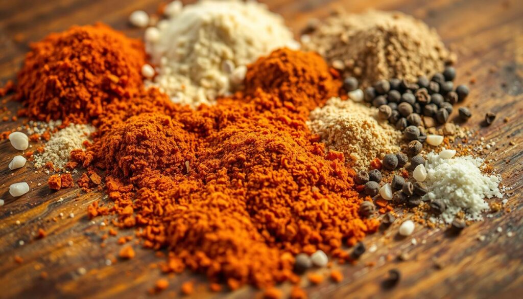 A close-up of a variety of ground spices and seasonings arranged on a wooden surface, including paprika, garlic powder, onion powder, black pepper, and other fragrant spices typically used to season ground meat. The spices are scattered in an artful, natural-looking composition, with some spilling out of small bowls or piles. The lighting is warm and slightly soft, creating an inviting, appetizing atmosphere. The depth of field is shallow, with the spices in sharp focus and the background slightly blurred, drawing the viewer's attention to the delectable spice mixture. A close-up of a variety of ground spices and seasonings arranged on a wooden surface, including paprika, garlic powder, onion powder, black pepper, and other fragrant spices typically used to season ground meat. The spices are scattered in an artful, natural-looking composition, with some spilling out of small bowls or piles. The lighting is warm and slightly soft, creating an inviting, appetizing atmosphere. The depth of field is shallow, with the spices in sharp focus and the background slightly blurred, drawing the viewer's attention to the delectable spice mixture.
