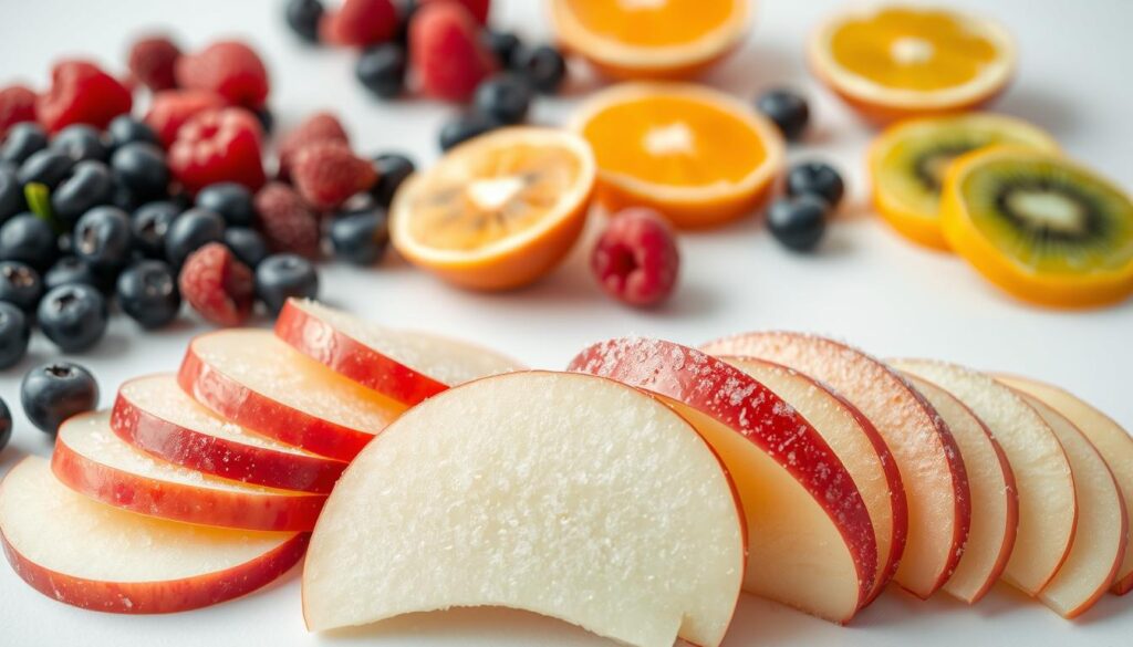 A close-up of various freshly frozen fruits neatly arranged on a white background, with soft, even lighting accentuating their vibrant colors and natural textures. In the foreground, crisp apple slices, glistening with a light frost, are stacked in an orderly fashion. Behind them, an assortment of berries, such as plump blueberries and raspberries, are scattered across the surface. In the middle ground, halves of kiwi fruit and juicy orange segments add a burst of tropical flair. The background features a simple, minimalist setting, allowing the frozen produce to take center stage and showcase the best methods for preserving their quality and flavor through freezing. A close-up of various freshly frozen fruits neatly arranged on a white background, with soft, even lighting accentuating their vibrant colors and natural textures. In the foreground, crisp apple slices, glistening with a light frost, are stacked in an orderly fashion. Behind them, an assortment of berries, such as plump blueberries and raspberries, are scattered across the surface. In the middle ground, halves of kiwi fruit and juicy orange segments add a burst of tropical flair. The background features a simple, minimalist setting, allowing the frozen produce to take center stage and showcase the best methods for preserving their quality and flavor through freezing.