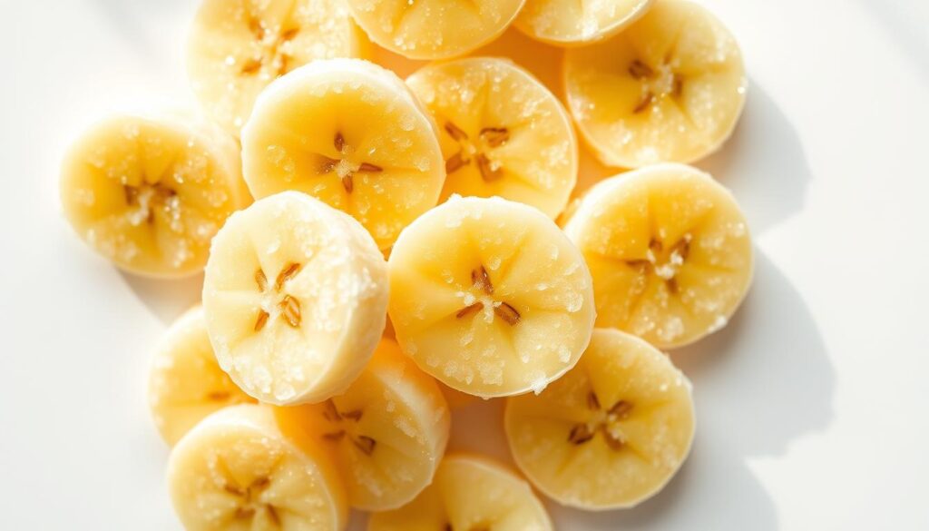 A close-up photograph of freshly frozen banana slices, arranged in an eye-catching pattern on a white background. The bananas have a vibrant yellow hue and a glistening, frosty texture, showcasing their optimal preservation. Soft, directional lighting from the side creates subtle shadows, highlighting the depth and dimensionality of the frozen fruit. The image conveys a sense of health, nutrition, and the practical benefits of freezing bananas to retain their natural sweetness and nutritional value.