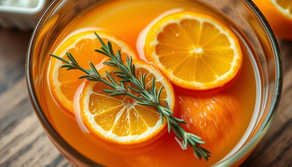 A close-up shot of a glass bowl filled with a vibrant, honey-colored marinade. The liquid glistens, reflecting the warm, soft lighting from above. Slices of fresh lemon and orange float atop the marinade, their citrus zest adding a fragrant, tangy aroma. Sprigs of fresh thyme and rosemary are strategically placed, complementing the earthy, herbal notes. The overall composition evokes a sense of rustic elegance, perfectly suited to enhance the delicate flavor of salmon. A close-up shot of a glass bowl filled with a vibrant, honey-colored marinade. The liquid glistens, reflecting the warm, soft lighting from above. Slices of fresh lemon and orange float atop the marinade, their citrus zest adding a fragrant, tangy aroma. Sprigs of fresh thyme and rosemary are strategically placed, complementing the earthy, herbal notes. The overall composition evokes a sense of rustic elegance, perfectly suited to enhance the delicate flavor of salmon.