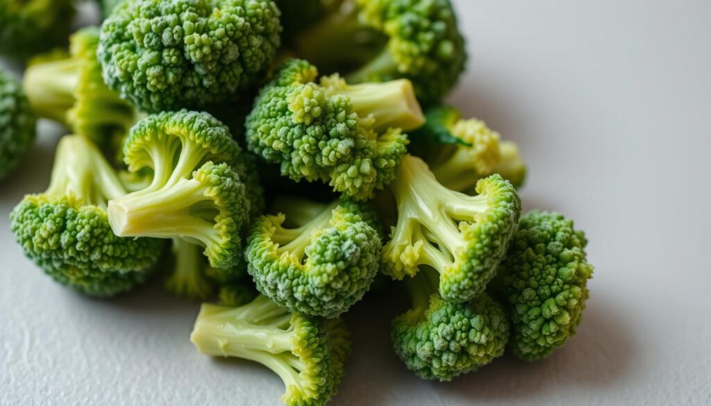 A close-up shot of a handful of freshly thawed frozen broccoli florets, their vibrant green hues glistening under soft, diffused lighting. The individual buds are clearly visible, with a slight frosty sheen still lingering on their surfaces, suggesting they've been recently removed from the freezer. The broccoli is arranged on a plain, neutral-colored surface, allowing the natural textures and colors to take center stage. The overall composition conveys the quality and integrity of the frozen produce, ready to be incorporated into a variety of culinary creations. A close-up shot of a handful of freshly thawed frozen broccoli florets, their vibrant green hues glistening under soft, diffused lighting. The individual buds are clearly visible, with a slight frosty sheen still lingering on their surfaces, suggesting they've been recently removed from the freezer. The broccoli is arranged on a plain, neutral-colored surface, allowing the natural textures and colors to take center stage. The overall composition conveys the quality and integrity of the frozen produce, ready to be incorporated into a variety of culinary creations.