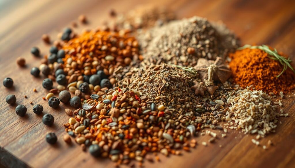 A close-up shot of a wooden board or table, showcasing a vibrant mix of spices and herbs. In the foreground, an artful arrangement of whole and ground spices, such as black peppercorns, coriander seeds, fennel seeds, smoked paprika, and dried thyme. The middle ground features small piles of these ingredients, creating a visually appealing, rustic composition. The lighting is warm and natural, casting gentle shadows and highlighting the texture and color of the spices. The background is softly blurred, creating a sense of depth and focus on the star of the image - the flavorful spice blend, ready to enhance the succulence of baked pork belly. A close-up shot of a wooden board or table, showcasing a vibrant mix of spices and herbs. In the foreground, an artful arrangement of whole and ground spices, such as black peppercorns, coriander seeds, fennel seeds, smoked paprika, and dried thyme. The middle ground features small piles of these ingredients, creating a visually appealing, rustic composition. The lighting is warm and natural, casting gentle shadows and highlighting the texture and color of the spices. The background is softly blurred, creating a sense of depth and focus on the star of the image - the flavorful spice blend, ready to enhance the succulence of baked pork belly.