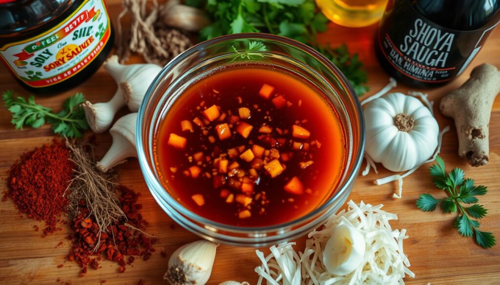 A close-up shot of a wooden cutting board with various herbs, spices, and condiments neatly arranged. In the center, a bowl filled with a rich, savory-looking marinade, featuring soy sauce, garlic, ginger, and other aromatic ingredients. The lighting is warm and natural, highlighting the vibrant colors and textures of the ingredients. The composition is balanced, with the marinade taking center stage, surrounded by the supporting elements that contribute to the recipe. The overall atmosphere conveys a sense of culinary expertise and the promise of a delicious, tender beef dish. A close-up shot of a wooden cutting board with various herbs, spices, and condiments neatly arranged. In the center, a bowl filled with a rich, savory-looking marinade, featuring soy sauce, garlic, ginger, and other aromatic ingredients. The lighting is warm and natural, highlighting the vibrant colors and textures of the ingredients. The composition is balanced, with the marinade taking center stage, surrounded by the supporting elements that contribute to the recipe. The overall atmosphere conveys a sense of culinary expertise and the promise of a delicious, tender beef dish.