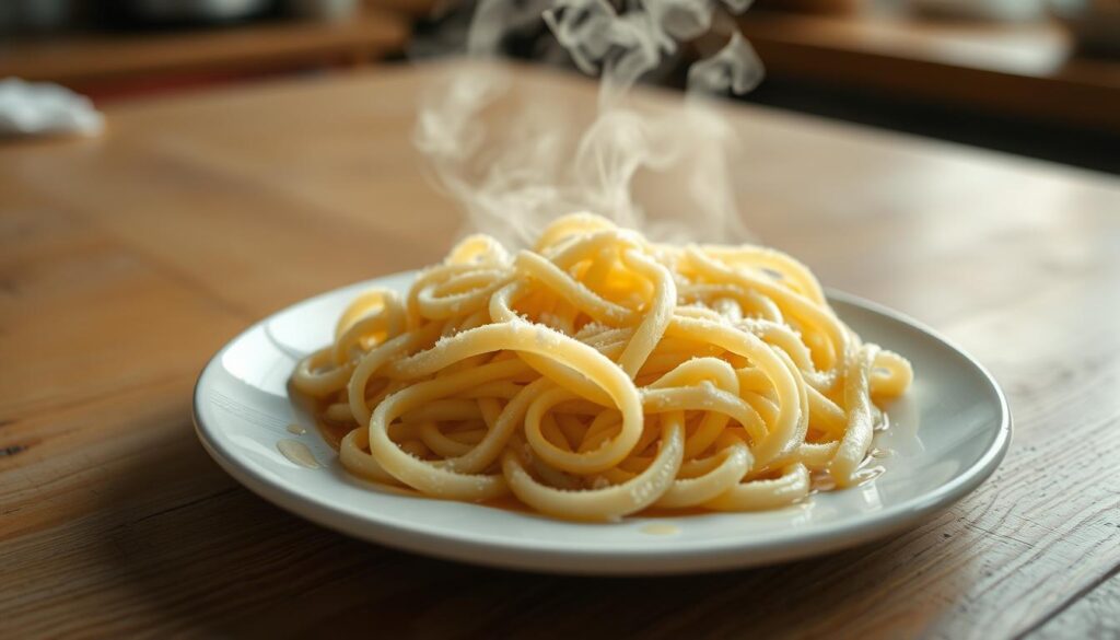 A close-up shot of a wooden table, the surface lightly worn and textured. In the foreground, a plate with steaming, gently defrosting łazanki noodles, their delicate folds and ribbons gradually revealing themselves. Soft, diffused lighting illuminates the scene, casting subtle shadows that accentuate the dish's contours. The background is blurred, hinting at a cozy, domestic kitchen setting. The overall mood is one of warmth, anticipation, and the comforting process of reviving a beloved, frozen dish. A close-up shot of a wooden table, the surface lightly worn and textured. In the foreground, a plate with steaming, gently defrosting łazanki noodles, their delicate folds and ribbons gradually revealing themselves. Soft, diffused lighting illuminates the scene, casting subtle shadows that accentuate the dish's contours. The background is blurred, hinting at a cozy, domestic kitchen setting. The overall mood is one of warmth, anticipation, and the comforting process of reviving a beloved, frozen dish.