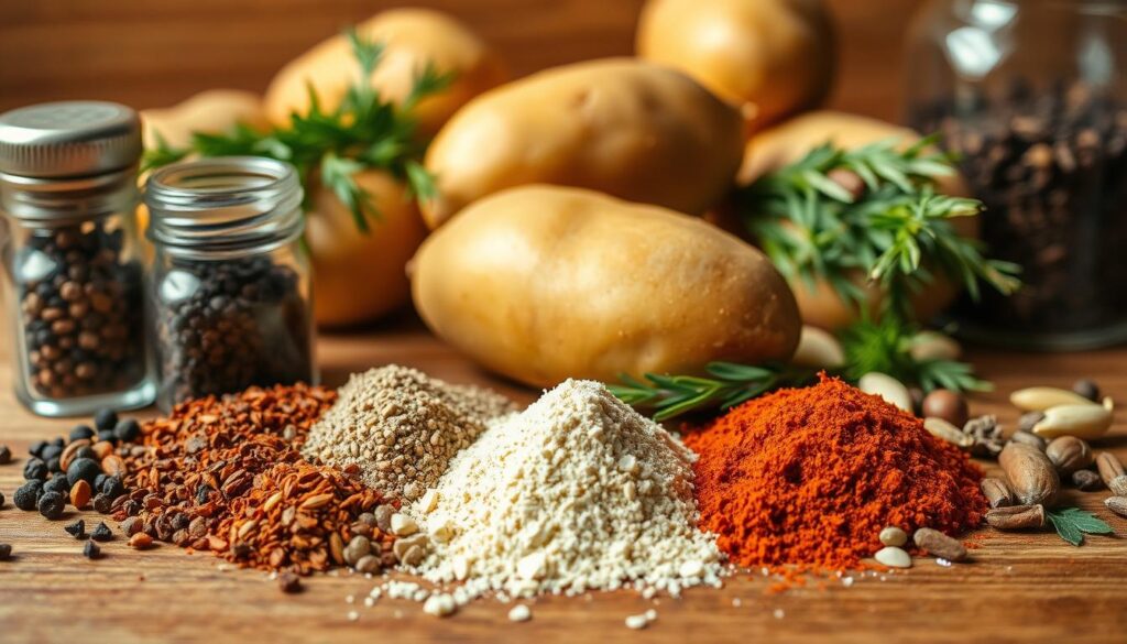 A close-up shot of an assortment of seasoning ingredients arranged on a wooden table. In the foreground, various whole and ground spices like black pepper, paprika, garlic powder, and dried herbs such as rosemary and thyme are neatly presented. The middle ground features a few fresh potatoes, their skins glistening with moisture. In the background, a warm, natural lighting creates a cozy, inviting atmosphere, highlighting the earthy tones and textures of the ingredients. The composition emphasizes the versatility and simplicity of seasoning potatoes to bring out their exceptional flavor. A close-up shot of an assortment of seasoning ingredients arranged on a wooden table. In the foreground, various whole and ground spices like black pepper, paprika, garlic powder, and dried herbs such as rosemary and thyme are neatly presented. The middle ground features a few fresh potatoes, their skins glistening with moisture. In the background, a warm, natural lighting creates a cozy, inviting atmosphere, highlighting the earthy tones and textures of the ingredients. The composition emphasizes the versatility and simplicity of seasoning potatoes to bring out their exceptional flavor.