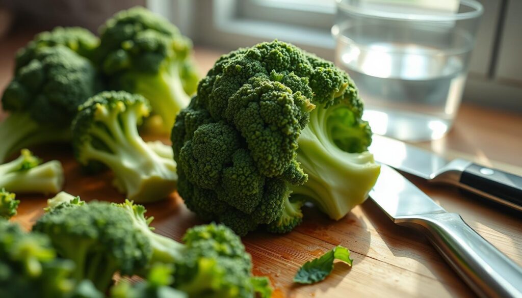A close-up shot of freshly washed broccoli florets resting on a wooden cutting board, with a sharp knife and a glass of water nearby. The broccoli is illuminated by soft, natural lighting from a window, casting gentle shadows. The scene conveys a sense of preparation and anticipation, setting the stage for the upcoming cooking process. The level of detail allows the viewer to imagine the tactile experience of handling the ingredients, as if they are about to embark on the step-by-step journey of preparing the broccoli for a delicious, al dente dish. A close-up shot of freshly washed broccoli florets resting on a wooden cutting board, with a sharp knife and a glass of water nearby. The broccoli is illuminated by soft, natural lighting from a window, casting gentle shadows. The scene conveys a sense of preparation and anticipation, setting the stage for the upcoming cooking process. The level of detail allows the viewer to imagine the tactile experience of handling the ingredients, as if they are about to embark on the step-by-step journey of preparing the broccoli for a delicious, al dente dish.