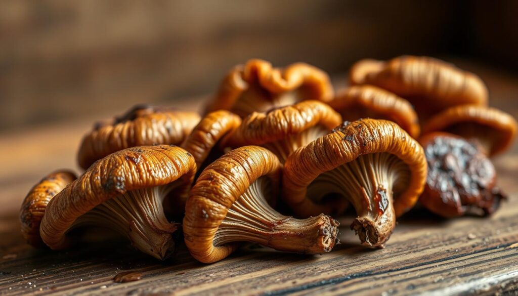 A close-up shot of several freshly fried chanterelle mushrooms (rydze) arranged on a rustic wooden surface. The mushrooms are golden-brown, their caps glistening with a hint of oil, their stems slightly charred. The lighting is warm and softly diffused, creating a cozy, inviting atmosphere. The background is intentionally blurred, keeping the focus on the beautifully seared chanterelles. The overall composition suggests the rich, earthy aroma and flavor of these perfectly cooked wild mushrooms. A close-up shot of several freshly fried chanterelle mushrooms (rydze) arranged on a rustic wooden surface. The mushrooms are golden-brown, their caps glistening with a hint of oil, their stems slightly charred. The lighting is warm and softly diffused, creating a cozy, inviting atmosphere. The background is intentionally blurred, keeping the focus on the beautifully seared chanterelles. The overall composition suggests the rich, earthy aroma and flavor of these perfectly cooked wild mushrooms.