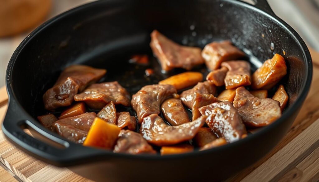 A close-up view of a cast iron skillet sizzling with golden-brown slices of tender, succulent liver. The liver glistens under the warm, soft lighting, emitting an enticing aroma. The skillet is positioned on a wooden cutting board, with a neutral background blurred out to focus the viewer's attention on the main subject. The scene conveys a sense of culinary mastery, with the liver cooked to perfection, ready to be served as the protagonist of a delectable dish.